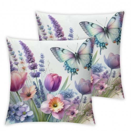 Ulloord  Waterproof Spring Floral Pillow Covers Pink Tulip Flower Lavender Butterfly Throw Pillow Covers Outdoor Spring Summer Farmhouse Decorations Cushion Case Double Sided